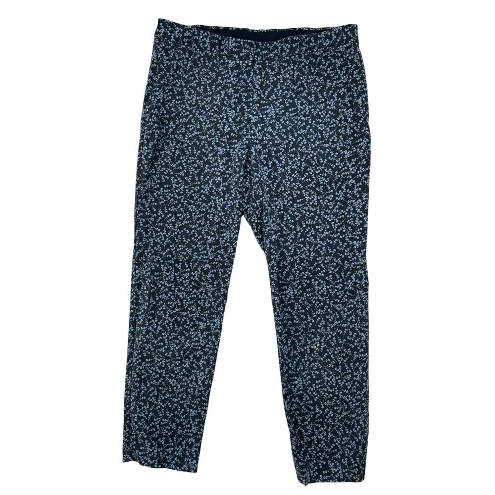 J.JILL Blue Floral on Navy Pull On Slim Leg Pants Size 12 Womens Cotton Blend
